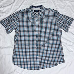 Blue and Brown Casual Button Down Shirt with Plaid Pattern
